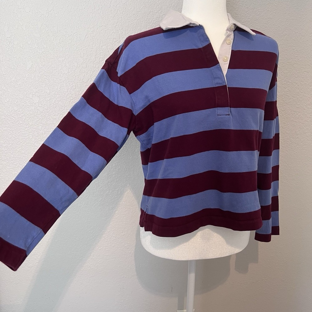 J. Crew Factory Women's Striped Rugby Cropped Shirt Size S Blue Burgundy Polo